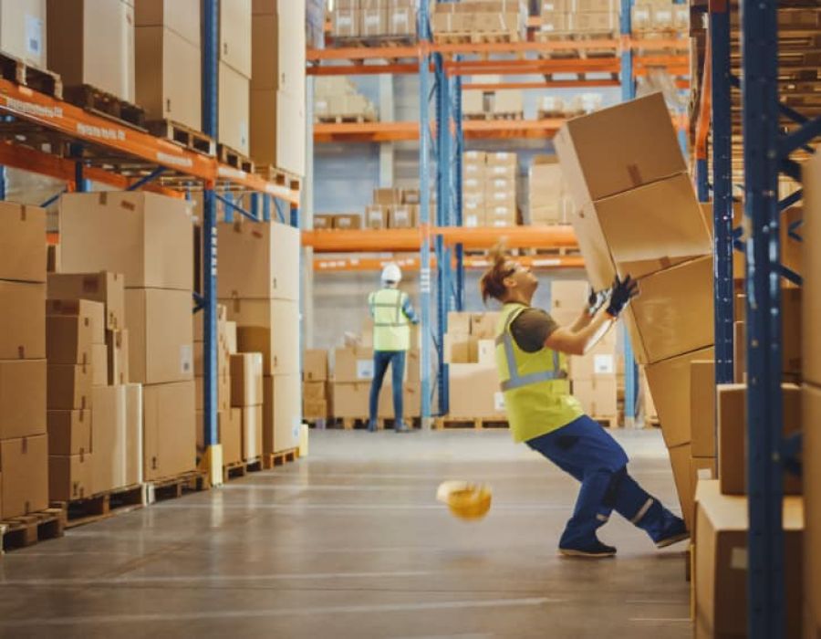 Warehouse boxes falling as worker tries to catch them